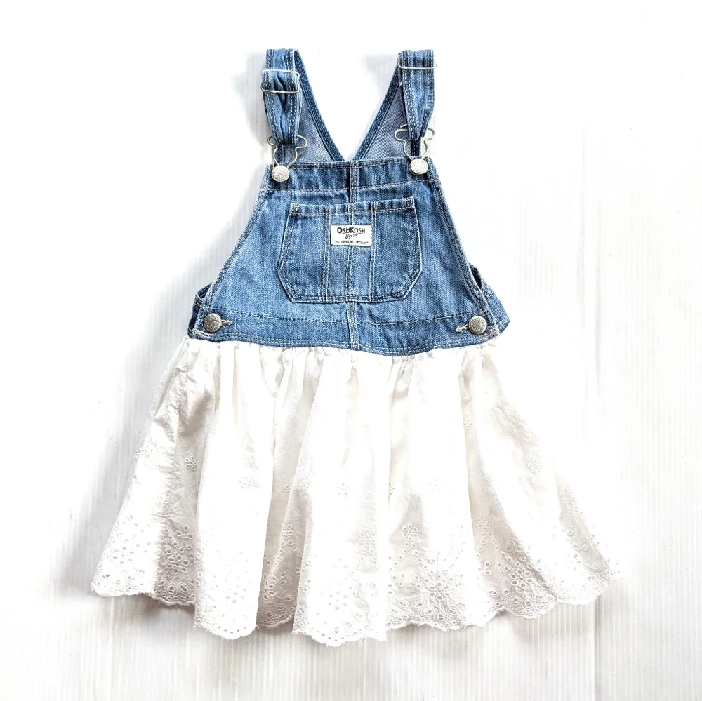 OSH-KOSH B'GOSH girls white eyelet blue denim bib overall skirtall jumper 4t
